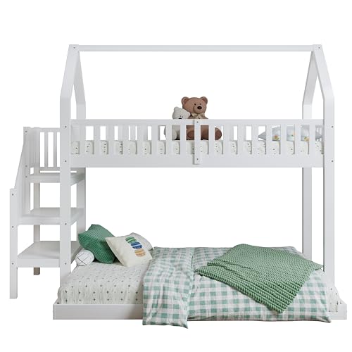 Etagenbett Hausbett mit Treppe, Kinderbett mit Fallschutz und Gitter, Kiefernholz,Stabil und Platzsparend (Weiß, 90x200 & 140x190 cm) von I0I&I0I