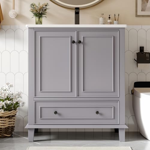 I0I&I0I Badezimmerschrank mit Waschbecken 76x46x87cm – Freistehend – MDF & Massivholz – Wasserdicht – Mit Keramikbecken, 2 Türen, Schublade & Stauraum (Grau) von I0I&I0I