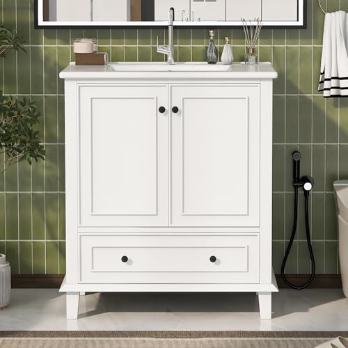 I0I&I0I Badezimmerschrank mit Waschbecken 76x46x87cm – Freistehend – MDF & Massivholz – Wasserdicht – Mit Keramikbecken, 2 Türen, Schublade & Stauraum (Weiß) von I0I&I0I