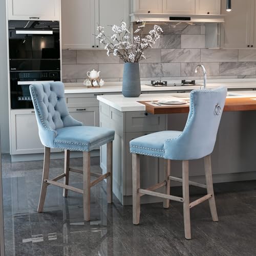 I0I&I0I Barhocker 2er Set mit Rückenlehne und Polsterung, Esszimmerstühle im modernen Design, Hohe Hocker mit Holzbeinen und Chrom-Nieten, Komfortable Samt Barstühle (Hellblau) von I0I&I0I