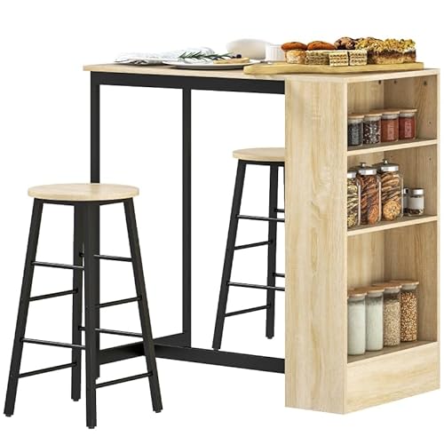 I0I&I0I Bartisch Set mit Barhocker 3-Teilig, Platzsparender Bartisch mit Stauraum & Fußstütze, Küchentisch mit 2 Hockern, Stahlgestell & Eichenoptik, Modern für Küche & Esszimmer (Schwarz & Eiche) von I0I&I0I