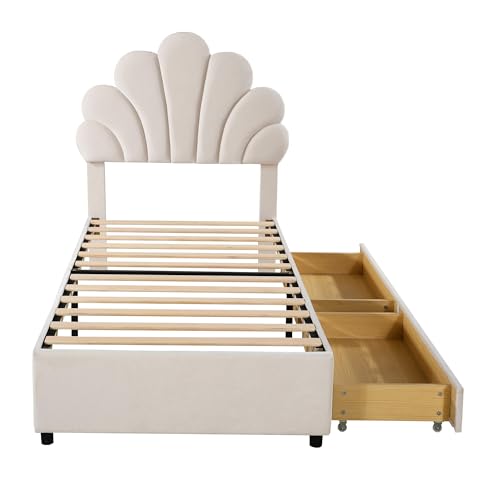 I0I&I0I Bettgestell Polsterbett Plattformbett mit Stauraum, Gepolstertes Bett mit Lattenrost und Verstellbarem Kopfteil, Schlafzimmermöbel mit 4 Schubladen (Beige, 90 x 200 cm) von I0I&I0I