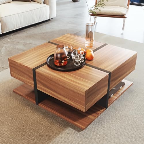 I0I&I0I Couchtisch, Tisch mit 4 Schubladen,Einzigartige Farbabstimmung und Liniendesign, Stauraum Unten. 78 * 78 * 36cm (Braun) von I0I&I0I