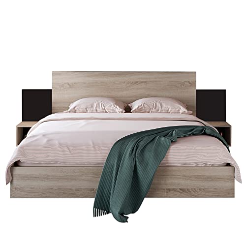 I0I&I0I Doppelbett Holzbett Bettanlage 160 x 200 cm mit 2 Nachtkommoden Modernes Bett inkl. 2 Nachttischen Schlafzimmer Komplett-205.5x235x76.5 cm(T/B/H) Set in Eiche Sonoma (Dunkelgrau) von I0I&I0I