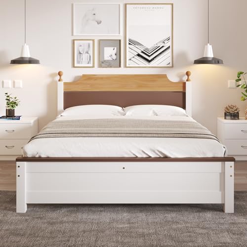 I0I&I0I Doppelbett Weiß Holzbett Mit Kiefernholzrahmen Mittelfuß Jugendbett Erwachsenenbett MDF Kopfteil Fußteil Colour-Blocking Design Mit Zierkugeln Stabiles Bettgestell (140x200cm) von I0I&I0I