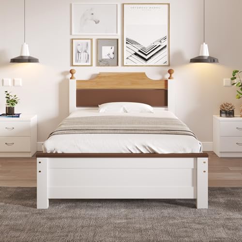 I0I&I0I Doppelbett Weiß Holzbett Mit Kiefernholzrahmen Mittelfuß Jugendbett Erwachsenenbett MDF Kopfteil Fußteil Colour-Blocking Design Mit Zierkugeln Stabiles Bettgestell (90x200cm) von I0I&I0I