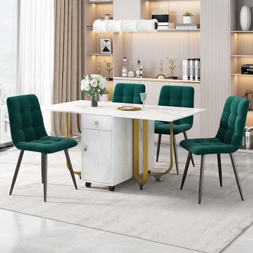 I0I&I0I Essgruppe,(Set,150×80×76cm Esstisch mit 4 Stühlen), Klappbarer Küchentisch Set, Samt Esszimmerstühle, Polsterstuhl Design Stuhl mit Rückenlehne,MDF Tischplatte in Weißer (Gold+Grün) von I0I&I0I