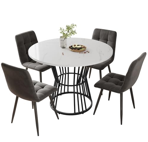 I0I&I0I Esstisch-Set (5-teilig) – Runder MDF-Tisch (100 cm) mit Goldenen Metallbeinen, 4 Elegante Samt-Stühle in Dunkelgrau, Modernes Design für Esszimmer und Küche (Stil 6) von I0I&I0I