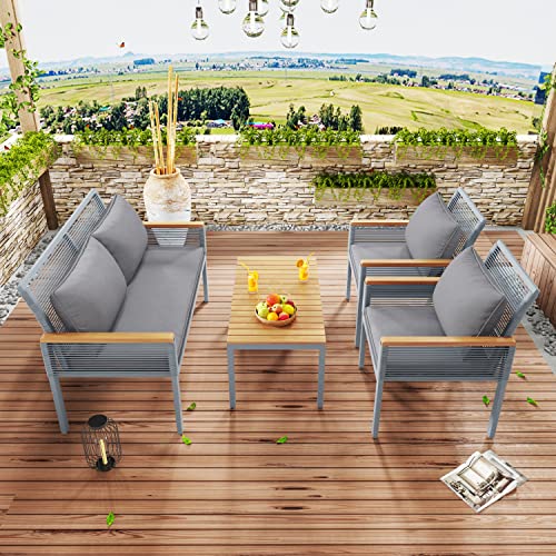 I0I&I0I Gartenlounge-Set mit Bequemen Kissen, Doppelsofa, 2 Sesseln und Tisch - Outdoor Rattan Möbel Vielseitig Einsetzbar (Grau) von I0I&I0I