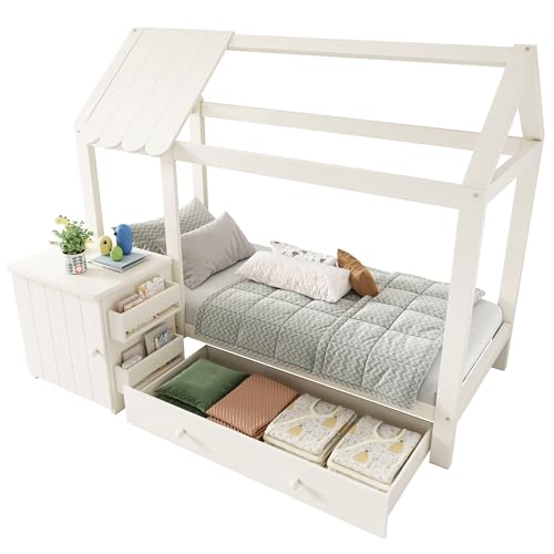 I0I&I0I Hausbett Kinderbett 90x200 cm aus Massivholz in Weiß & Eiche mit Schubladen, abnehmbarem Nachttisch – Bodenbett für Kinderzimmer, ohne Matratze – Funktionales Design, Sicher & Stabil (Stil 1) I0I&I0I Hausbett Kinderbett 90x200 cm aus Massivholz in Weiß & Eiche mit Schubladen, abnehmbarem Nachttisch – Bodenbett für Kinderzimmer, ohne Matratze – Funktionales Design, Sicher & Stabil (Stil 1) von I0I&I0I