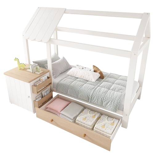 I0I&I0I Hausbett Kinderbett 90x200 cm aus Massivholz in Weiß & Eiche mit Schubladen, abnehmbarem Nachttisch – Bodenbett für Kinderzimmer, ohne Matratze – Funktionales Design, Sicher & Stabil (Stil 2) I0I&I0I Hausbett Kinderbett 90x200 cm aus Massivholz in Weiß & Eiche mit Schubladen, abnehmbarem Nachttisch – Bodenbett für Kinderzimmer, ohne Matratze – Funktionales Design, Sicher & Stabil (Stil 2) von I0I&I0I