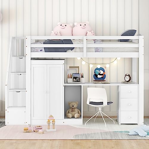 I0I&I0I Hochbett 90 x 200 mit Kleiderschrank und Treppe, Schreibtisch und Schubladen und Schrank in Einem (Weiß) von I0I&I0I