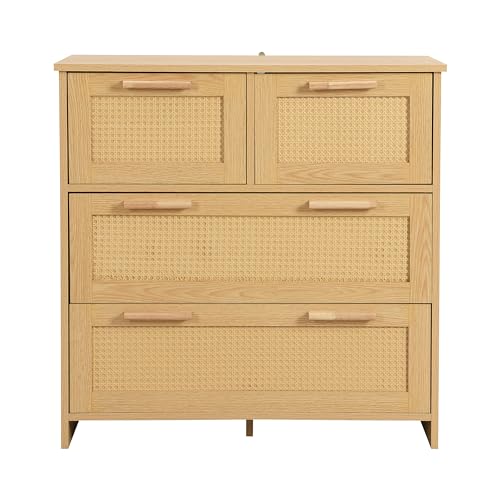 I0I&I0I Hochwertiger 4-Schubladen-Rattanschrank mit Massivholzgriffen - Geeignet für Schlafzimmer, Wohnzimmer, Esszimmer, Flur (Braun, B80/H80/T38 cm) von I0I&I0I