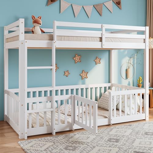 I0I&I0I Hochwertiges Etagenbett aus Massivholz | Platzsparendes Design mit rechtwinkliger Treppe | Sicherheitszäune und Türchen | Kinderfreundlich (Weiß, 200x90cm) von I0I&I0I