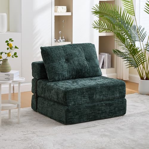 I0I&I0I Klappbares Schlafsofa mit Kissen, Faltbare Matratze mit Rückenlehne, Tragbares Bodensofa, Bequemes Klappsofa aus Chenille für Wohnzimmer und Schlafzimmer (Smaragd) von I0I&I0I