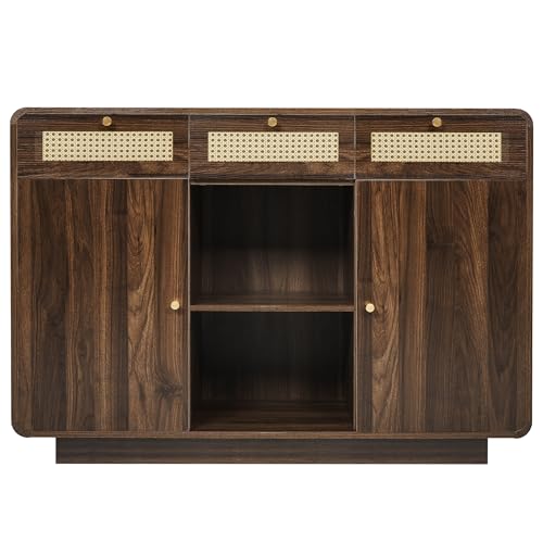I0I&I0I Kommode Sideboard 120cm Nussbaum mit Rattan & Goldgriffen, Schubladenschrank mit 3 Schubladen, 2 Türen, Offenem Regal, Höhenverstellbaren Einlegeböden, Stabil & Modern (Stil 1) von I0I&I0I