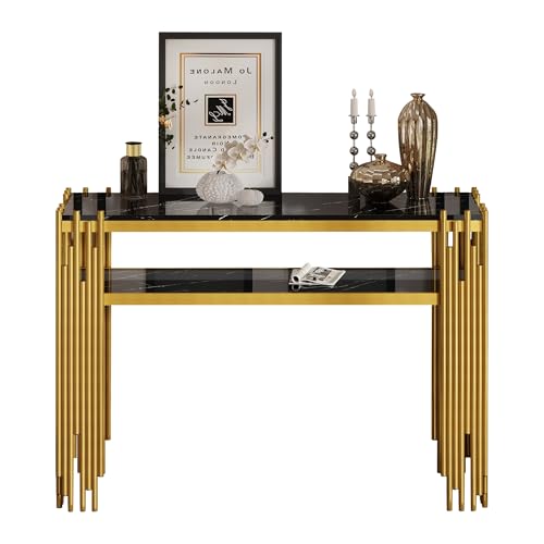 I0I&I0I Konsolentisch 124x44x80 cm, Beistelltisch Mid-Century Modern, MDF mit Marmoroptik & Hochglanz, 2 offene Ablagen, Wohnzimmer Flur Büro, bis 40 kg Belastbar (Schwarz Gold) von I0I&I0I