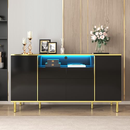I0I&I0I Luxuriöses Sideboard: Hochglanz Schwarz, LED-Beleuchtung, Goldakzente. Organisieren Sie Ihren Raum mit Stil und Eleganz (B150/T40 /H80cm) von I0I&I0I