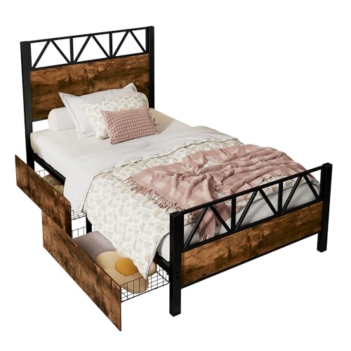 I0I&I0I Metallbett Mit Schubladen Ausziehbar Schwarz Walnuss Vintage Holzoptik Doppelbett Für Jugendliche Und Erwachsene Aus Metall Und MDF Mit Lattenrost Und Stauraum Modern Stabil (90x200cm) von I0I&I0I