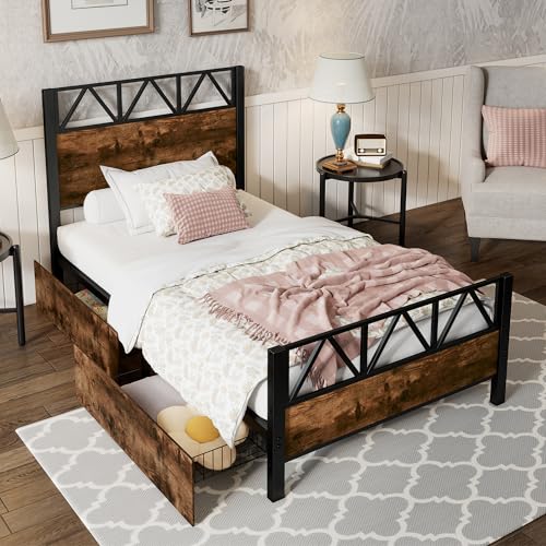 I0I&I0I Metallbett Mit Schubladen Schwarz Walnuss – Doppelbett Für Erwachsene Und Jugendliche, Vintage-Holzoptik, Metallrahmen, Flachbett Mit Stauraum, Metall + MDF Stabil Und Modern (90x200cm) von I0I&I0I