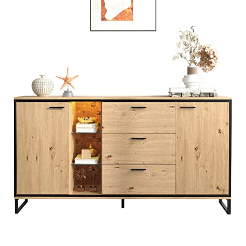 I0I&I0I Modernes Sideboard mit 3 Schubladen, 2 Türen, Exquisite Maserung - Schwarz und Holzfarbe - Stilvolle Aufbewahrungslösung (Natural) von I0I&I0I