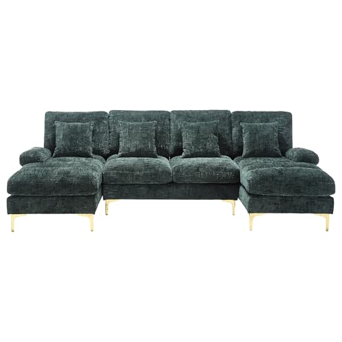 I0I&I0I Modernes U-Form Sofa aus Chenille mit 2 Liegeflächen, 4 Sitzen, Goldenen Metallfüßen, Kissen & Holzrahmen – Ecksofa für Wohnzimmer, Wohnung, Büro oder Villa (Dunkelgrün) von I0I&I0I