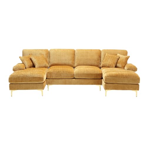 I0I&I0I Modernes U-Form Sofa aus Chenille mit 2 Liegeflächen, 4 Sitzen, Goldenen Metallfüßen, Kissen & Holzrahmen – Ecksofa für Wohnzimmer, Wohnung, Büro oder Villa (Gelb) von I0I&I0I
