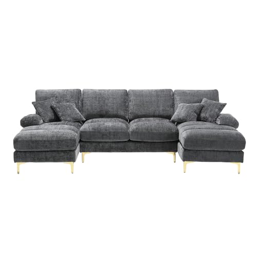 I0I&I0I Modernes U-Form Sofa aus Chenille mit 2 Liegeflächen, 4 Sitzen, Goldenen Metallfüßen, Kissen & Holzrahmen – Ecksofa für Wohnzimmer, Wohnung, Büro oder Villa (Grau) von I0I&I0I