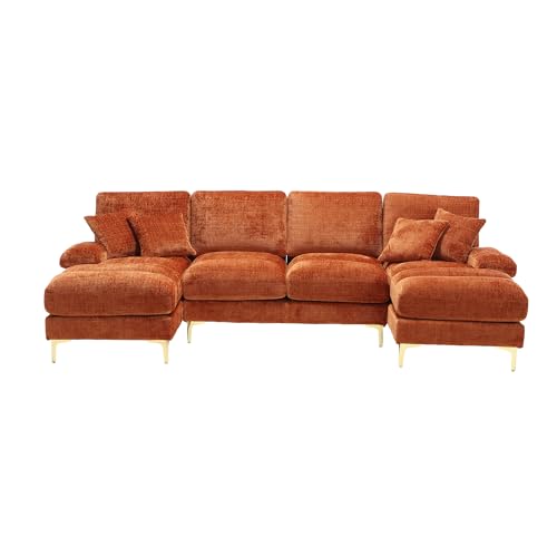 I0I&I0I Modernes U-Form Sofa aus Chenille mit 2 Liegeflächen, 4 Sitzen, Goldenen Metallfüßen, Kissen & Holzrahmen – Ecksofa für Wohnzimmer, Wohnung, Büro oder Villa (Orange) von I0I&I0I