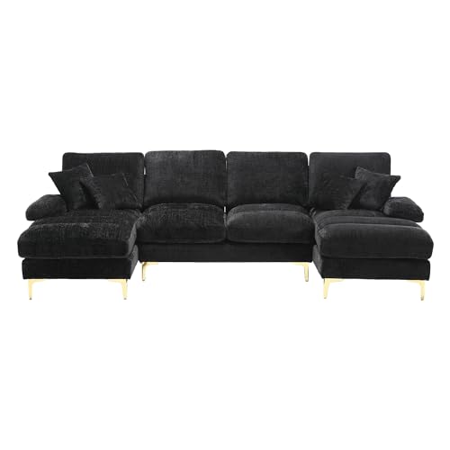 I0I&I0I Modernes U-Form Sofa aus Chenille mit 2 Liegeflächen, 4 Sitzen, Goldenen Metallfüßen, Kissen & Holzrahmen – Ecksofa für Wohnzimmer, Wohnung, Büro oder Villa (Schwarz) von I0I&I0I