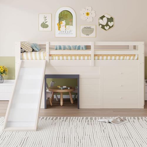 I0I&I0I Niedriges Hochbett mit Rutsche, 3 Schubladen, 2 Türen, Creme, MDF & Kiefer, Kinderbett mit Stauraum, Multifunktional, Kein Boxspring erforderlich, Einfache Montage (90 x 200cm) von I0I&I0I