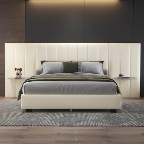 I0I&I0I Polsterbett, Doppelbett mit Verlängertem Kopfteil und Rückenlehne, Ablagen an Beiden Seiten des Kopfteils, mit Lattenrost, Samtstoff (Beige, 160 x 200 cm) von I0I&I0I