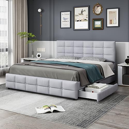 I0I&I0I Premium Polsterbett 180 x 200 cm mit 4 Schubladen & Lattenrost - Hochwertiges Doppelbett aus Samtstoff - Ideal für Erwachsene & Jugendliche (Grau) von I0I&I0I