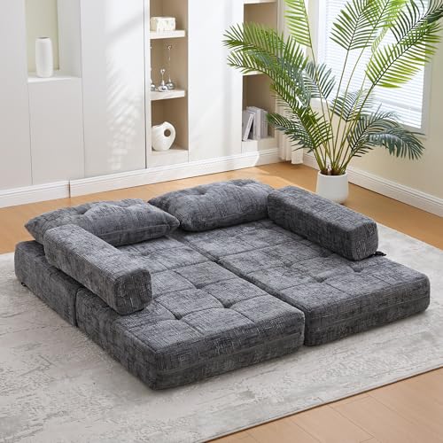 I0I&I0I Schlafsofa Klappbar mit Kissen, Faltbare Matratze mit Rückenlehne, Tragbares Bodensofa, Bequemes Klappsofa aus Chenille für Wohnzimmer und Schlafzimmer (Grau) von I0I&I0I