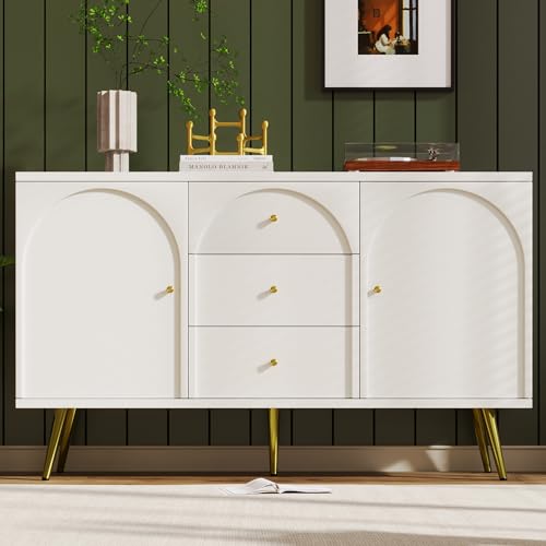 I0I&I0I Schubladenkommode Kommode mit 2 Türen und 3 Schublade, Weiß Sideboard Highboard für Schlafzimmer & alle Wohnräume (Creme-Weiß, H84/B140/T40 cm) von I0I&I0I