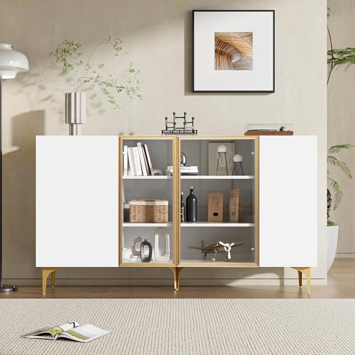 I0I&I0I Sideboard 4 Türen Glas Metall – Kommode Wohnzimmer Esszimmer Schrank – Modern Grifflos Stauraum – Hochwertig MDF Goldfüße (Weiß, 150 L x 38 B x 85 H) von I0I&I0I