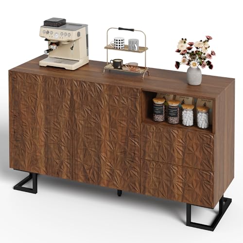 I0I&I0I Sideboard Kommode – Blattpoesie Serie–Dunkle Walnussoptik mit Blattrelief–Push-to-Open Türen, Metallfüße–Modernes Design für Wohnzimmer & Flur (120x40x78,5 cm) von I0I&I0I