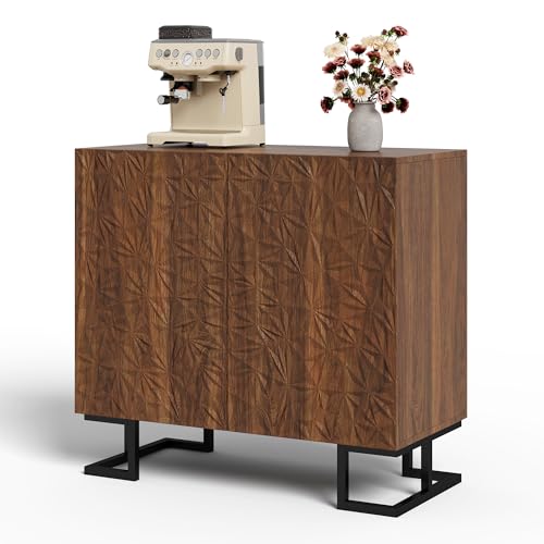 I0I&I0I Sideboard Kommode – Blattpoesie Serie–Dunkle Walnussoptik mit Blattrelief–Push-to-Open Türen, Metallfüße–Modernes Design für Wohnzimmer & Flur (A 80×40×78 cm) von I0I&I0I