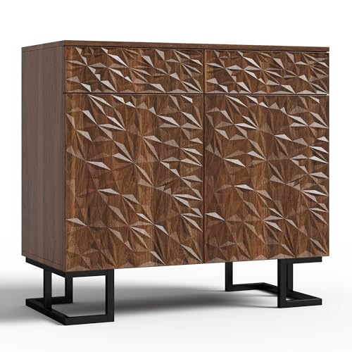 I0I&I0I Sideboard Kommode – Blattpoesie Serie–Dunkle Walnussoptik mit Blattrelief–Push-to-Open Türen, Metallfüße–Modernes Design für Wohnzimmer & Flur (B 80×40×78 cm) von I0I&I0I