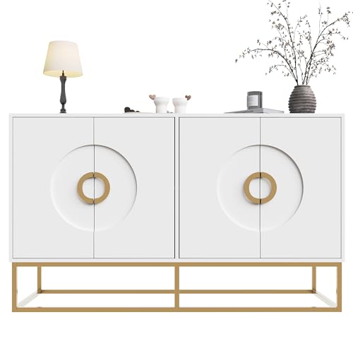 I0I&I0I Sideboard aus MDF mit 4 Türen, Ablagefächern & Eisenfüßen, Esszimmerschrank Wohnzimmer Kommode mit Rundgriffen, Stauraum Schrank modern mit Schiebetüren & Kippsicherung (Weiß) von I0I&I0I