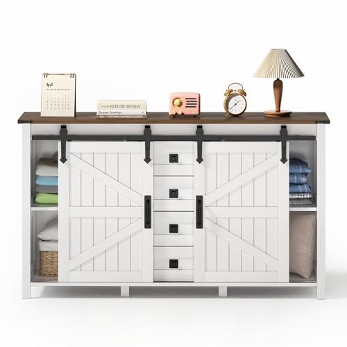 I0I&I0I Sideboard mit Stauraum 137 cm Breit – Vintage Küchenbuffet mit Schiebetüren & 4 Schubladen – Weißer Küchenschrank im Landhausstil – Kommode für Küche, Wohnzimmer & Esszimmer aus MDF (Stil 1) von I0I&I0I