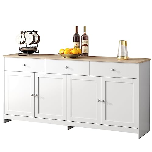 I0I&I0I Sideboard mit Weißer Holzmaserung - Landhausstil, 160 cm - Vier Türen, DREI Schubladen - Wohnzimmer, Esszimmer (Weiß und Holzfarbe) von I0I&I0I