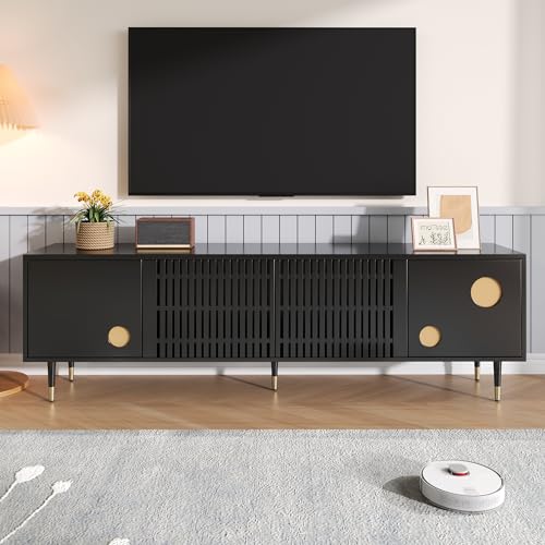 I0I&I0I TV-Schrank für Wohnzimmer, TV-Möbel mit Massivholzfronten und Kabelöffnungen, Lowboard mit Stauraum, Sichere Aufbewahrung Dank Kippschutz (Schwarz) von I0I&I0I