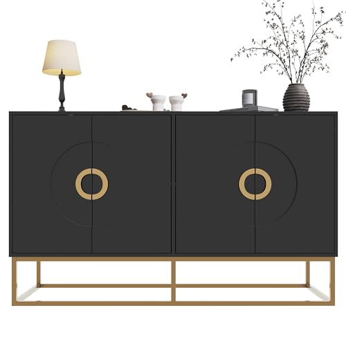 Sideboard Esszimmerschrank 140x40x83 cm – Aufbewahrungsschrank mit 4 Türen, Rundgriff, verstellbaren Fächern, MDF-Holz, Eisenfüße, Wohnzimmer Kommode, Modern Minimalistisch, Kippsicherung (Schwarz) von I0I&I0I