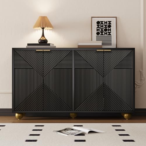 Sideboard mit 4 Türen und Einlegeböden, Elegantes Aufbewahrungsmöbel aus MDF mit Goldenen Metallgriffen und Kugelfüßen für Wohnzimmer, Esszimmer und Flur (Schwarz) von I0I&I0I