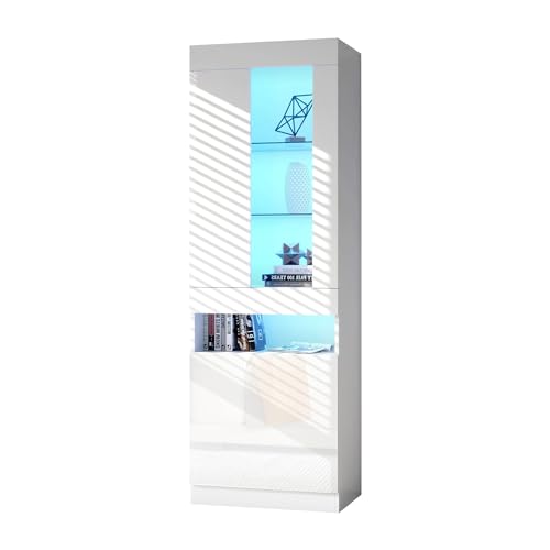 Vitrine mit 16 Farben LED Beleuchtung Vitrinenschrank Standvitrine Stauraumvitrine Schrank Wohnzimmerschran LED Vitrine Wohnzimmer Wohnwände LED Vitrinenschränke LED Schränke Buffet-Schran (Weiß) von I0I&I0I