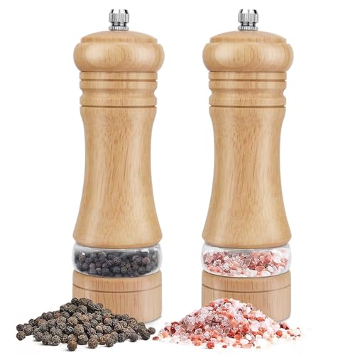 Salz und Pfeffermühle 2er Set aus Holz - Manuelle Pfeffer und Salzmühle mit Acrylfenster - Groß Gewürzmühle Grinder mit Verstellbarem Keramikmahlwerk (16,5cm) - Salz Pfefferstreuer für Meersalz, Chili von IAGORYUE