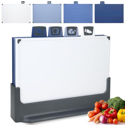 Schneidebrett Set 4 Stück, Schneidebrett Kunststoff mit Ständer, Index Schneidebretter Groß mit Saftrillen & Rutschfeste Griffe, Küchenbrett Frühstücksbrettchen BPA Frei für Fisch Fleisch Gemüse Obst von IAGORYUE