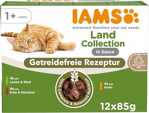 IAMS Delights Land Collection Katzenfutter Nass Getreidefrei - Multipack mit Fleisch Sorten in Sauce, getreidefreies Nassfutter für Katzen ab 1 Jahr, 12 x 85g von IAMS
