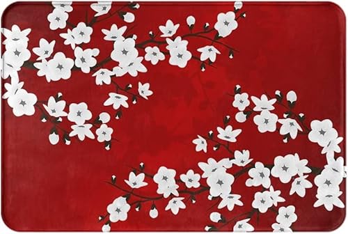 Bodenmatte Asia Floral Rot Weiß Kirschblüten Eingangsbereich Teppiche Heimdekoration 24"x36" von IAS Shop